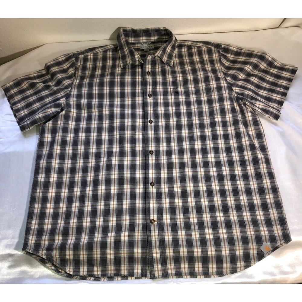 Cahartt Plaid Button Up Shirt Relaxed Fit Gray Brown Short Sleeve Mens Size 2XL